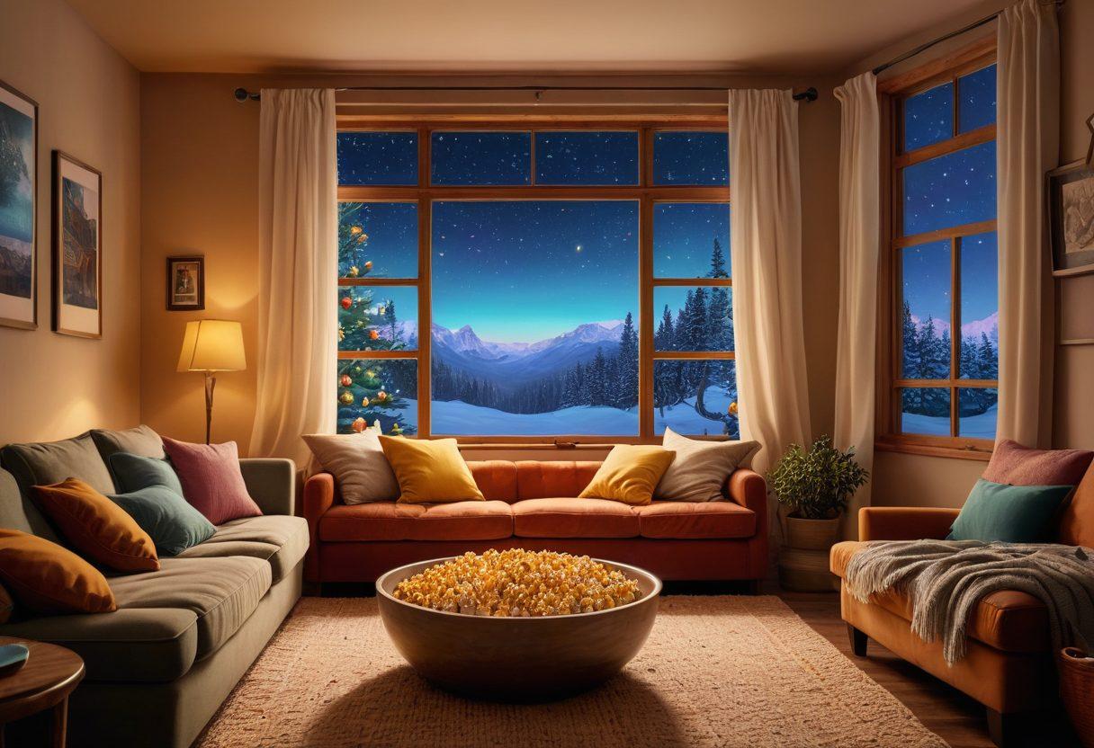 A cozy living room with a large screen displaying a vibrant movie scene, surrounded by plush sofas and blankets. A bowl of popcorn sits on a coffee table, and soft fairy lights illuminate the space. Include a window with a starlit night outside to enhance the chill vibe. Illustrate characters from various popular shows peeking from the screen, inviting viewers to join in. super-realistic. vibrant colors. warm lighting.