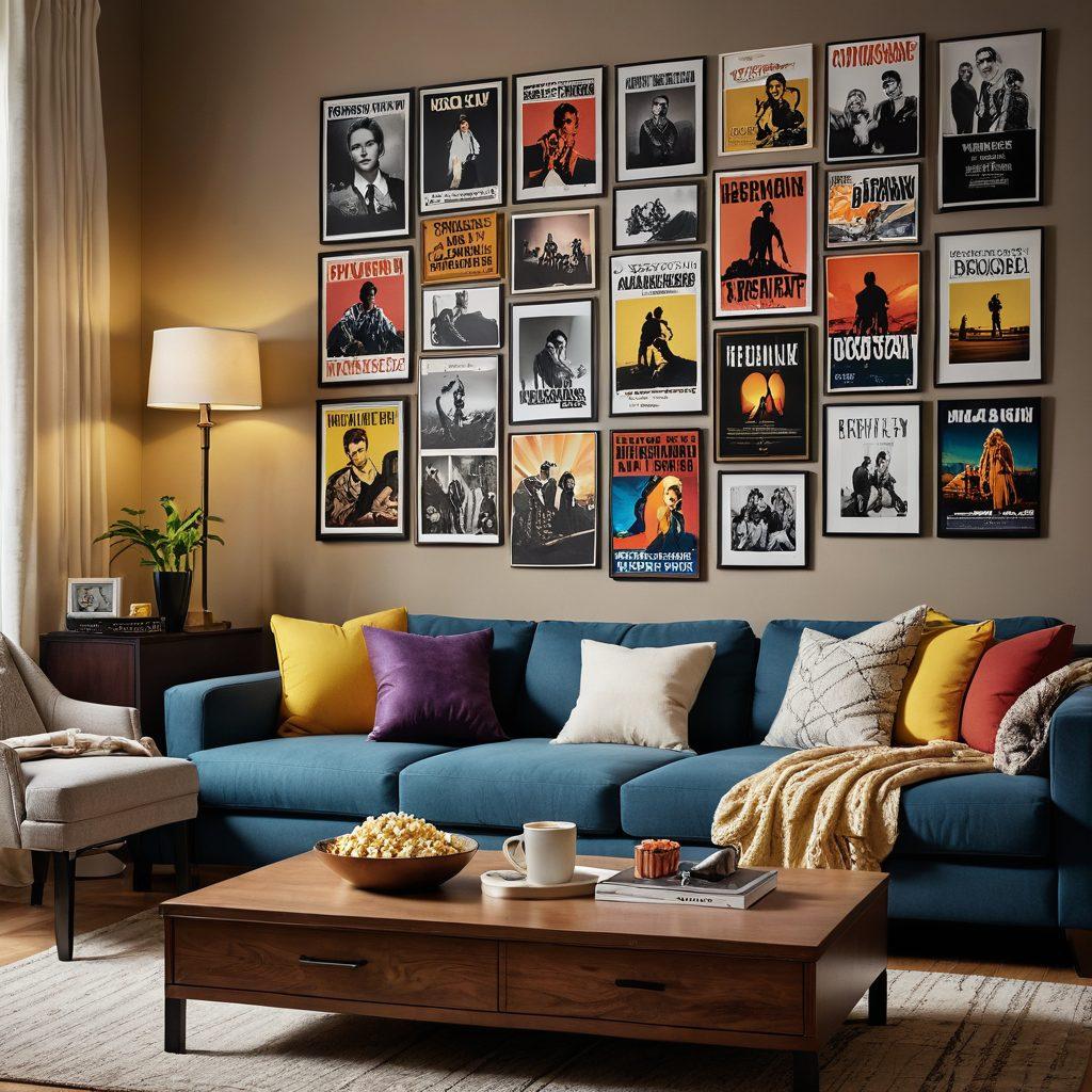 A cozy living room scene featuring a large, inviting couch with colorful throw pillows, a warm blanket draped over one armrest, and a big screen TV displaying vibrant movie and series thumbnails. A bowl of popcorn and a few remote controls are scattered on the coffee table, while soft ambient lighting sets a relaxing mood. Wall posters of iconic films and series add a touch of nostalgia. super-realistic. warm colors. inviting atmosphere.