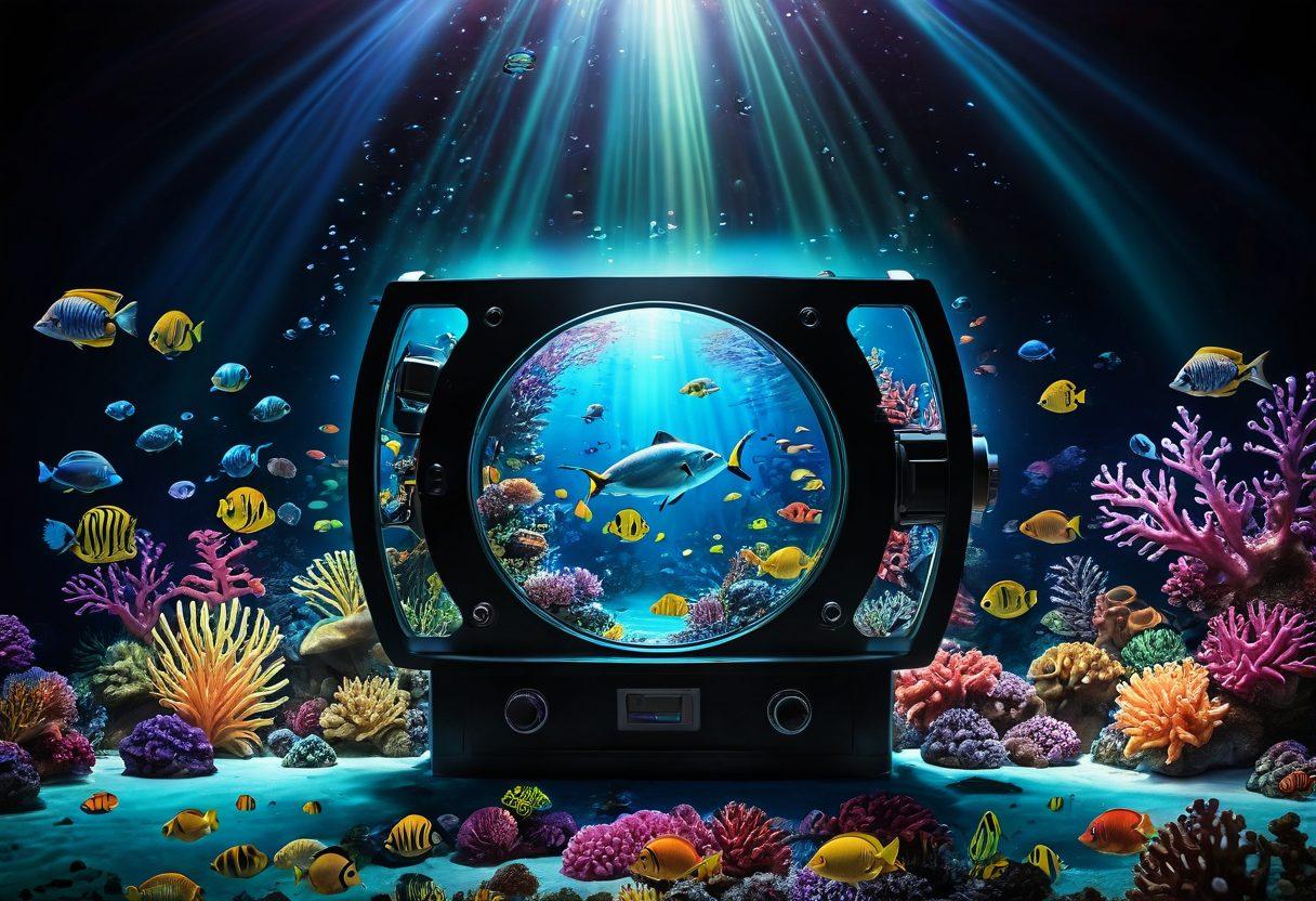 An underwater scene featuring a giant film reel surrounded by colorful coral reefs, with various digital streaming icons floating around like fish. A glowing projector shines light through the water, illuminating the vibrant sea life that resembles popular movie characters. Bubbles rise to the surface, creating a sense of movement and excitement. The overall tone is inviting and playful, combining elements of both cinema and ocean exploration. 3D. vibrant colors.
